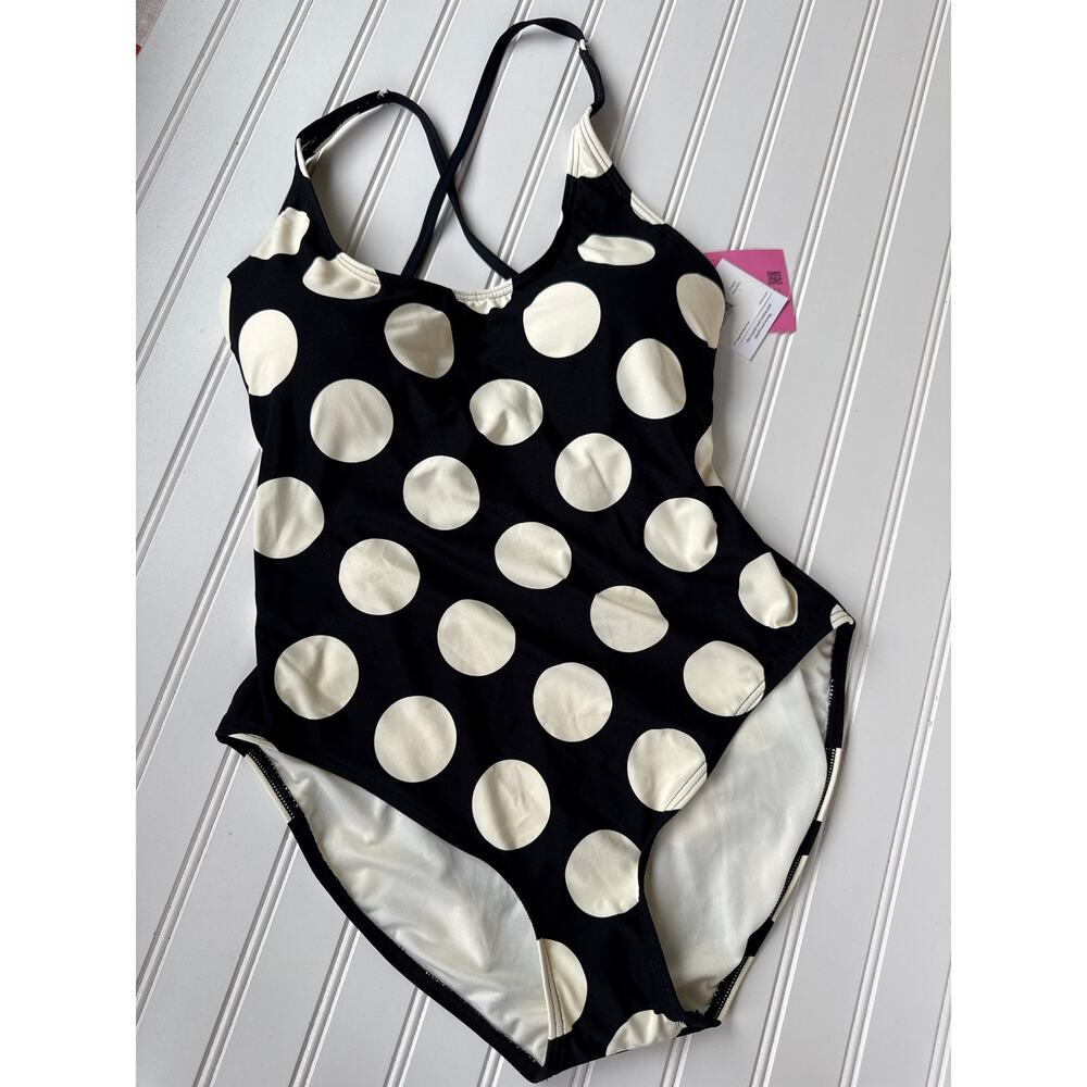 NWT Kate Spade Polka Dot Swimsuit One Piece Bathing Suit Black White Lace Up L - Picture 2 of 5